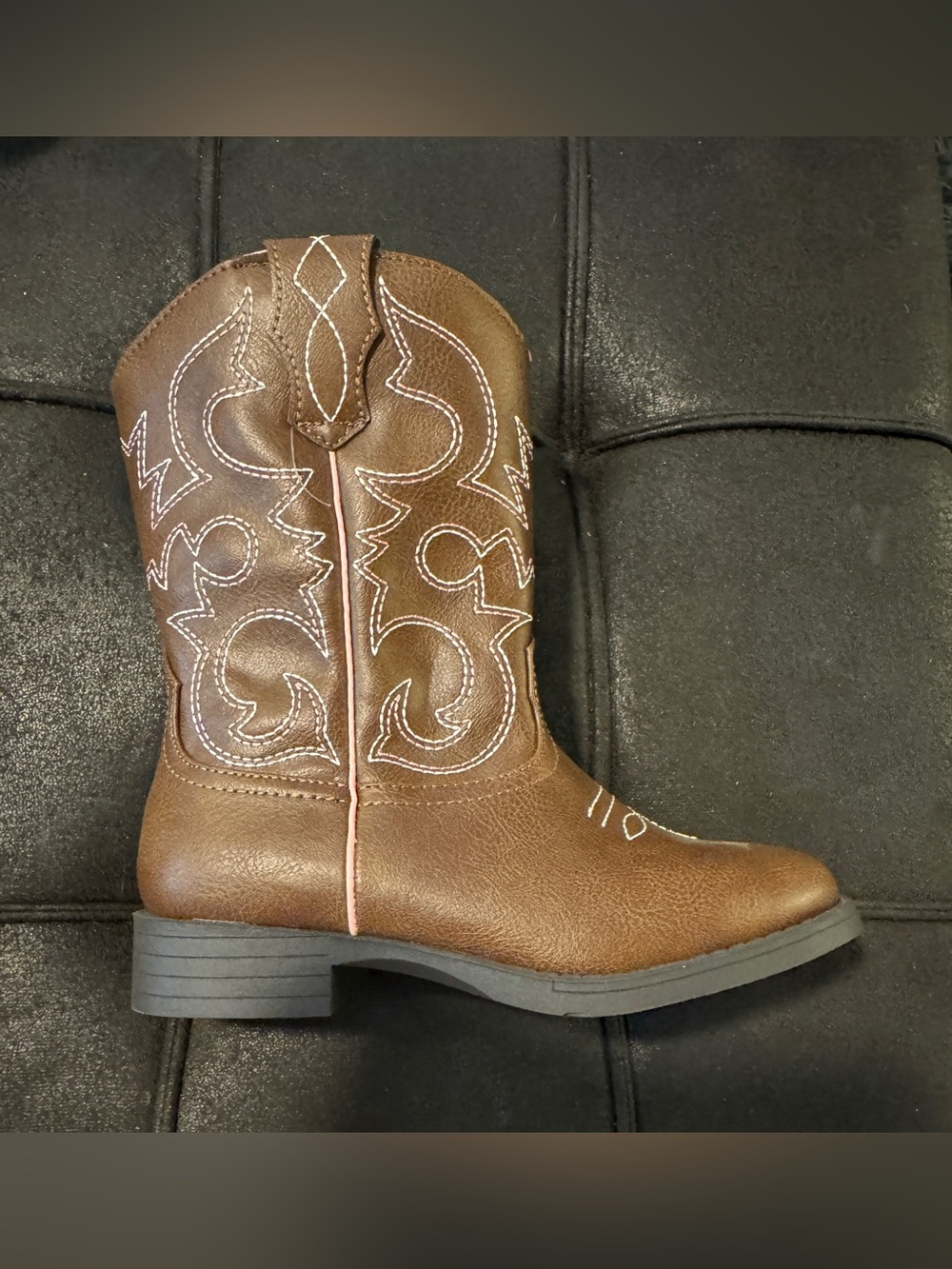 Girls Brown Western Cowgirl Boots with Pink & White Stitching